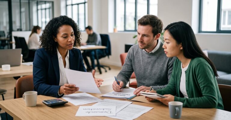 Entrepreneur consultant des documents sur les aides au financement d'entreprise dans un bureau moderne