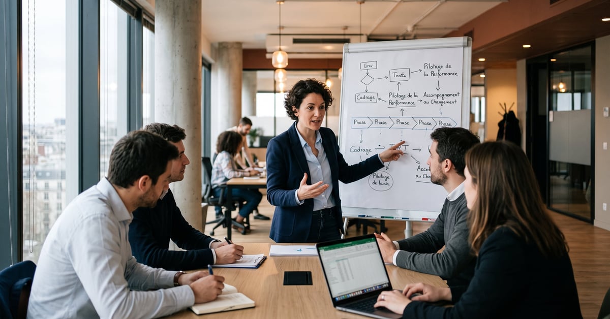 Consultant en transformation digitale analysant des données stratégiques sur tablette dans un bureau moderne
