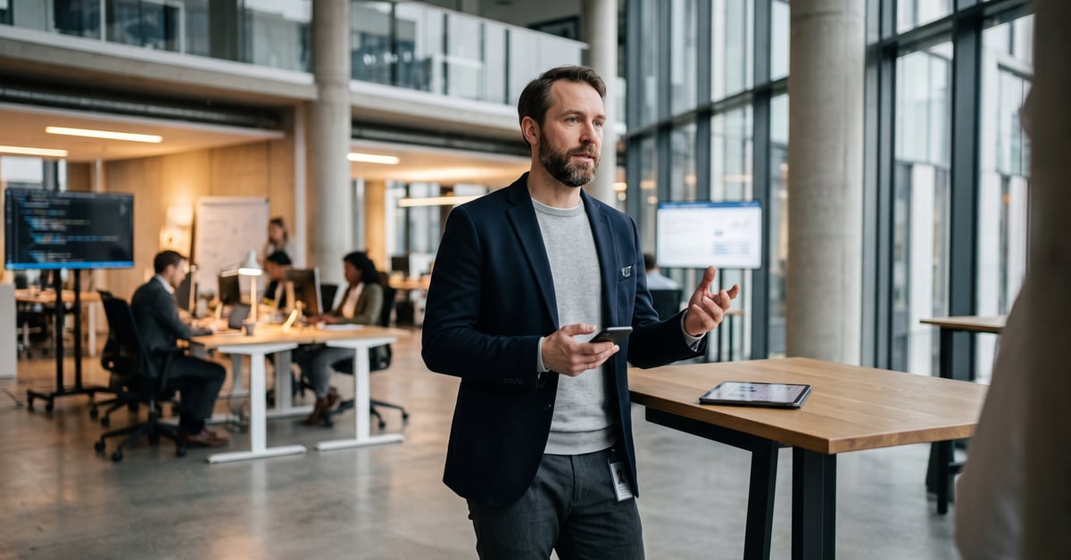 Consultant en transformation digitale analysant une stratégie numérique dans un environnement de travail moderne