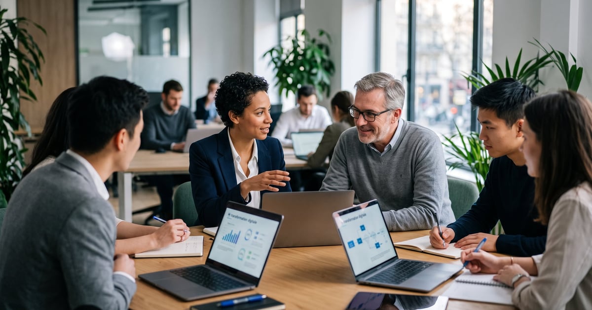Consultant en transformation digitale analysant des données stratégiques sur écran dans un bureau moderne