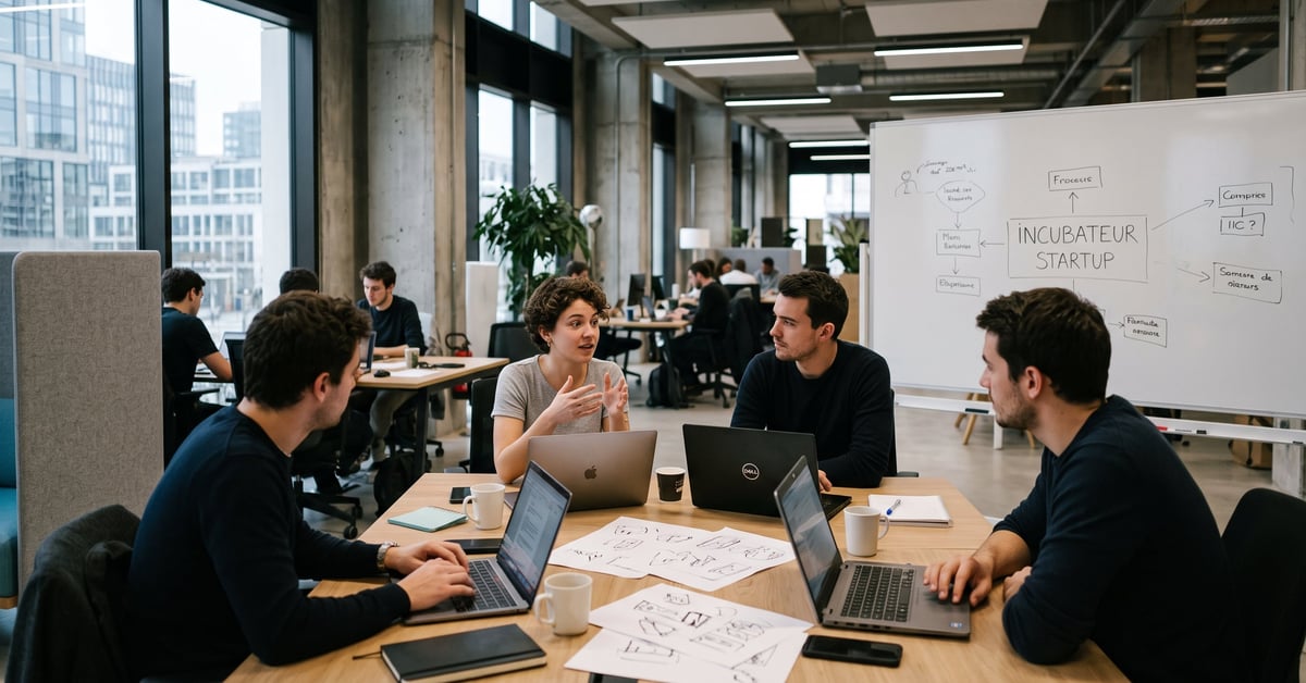 Incubateur startup : espace de travail collaboratif avec entrepreneurs et mentors en réunion