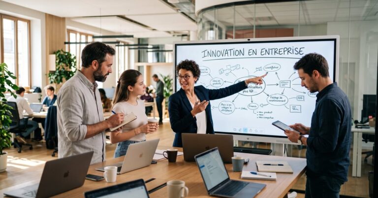 Équipe en entreprise collaborant autour d'idées innovantes dans un espace de travail moderne
