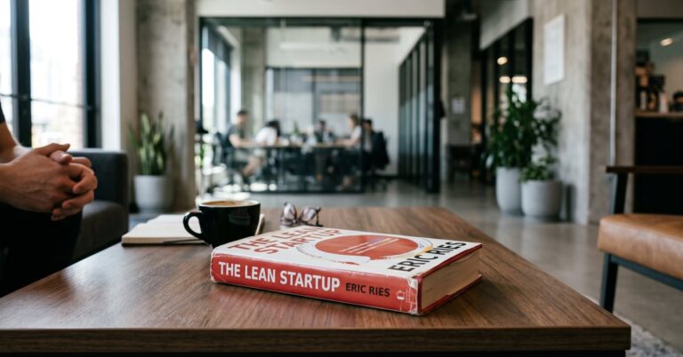 Le livre The Lean Startup d'Eric Ries posé sur une surface moderne