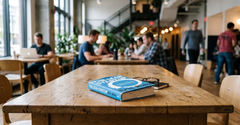 Exemplaire du livre Lean Startup de Eric Ries posé sur un bureau moderne