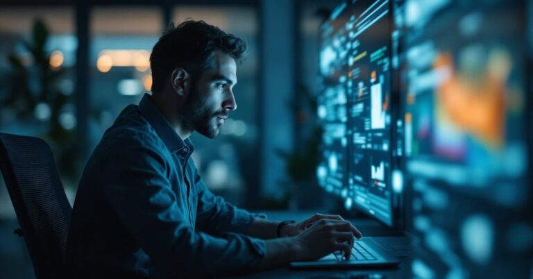 Professionnel en entreprise utilisant des outils numériques modernes illustrant la transformation digitale