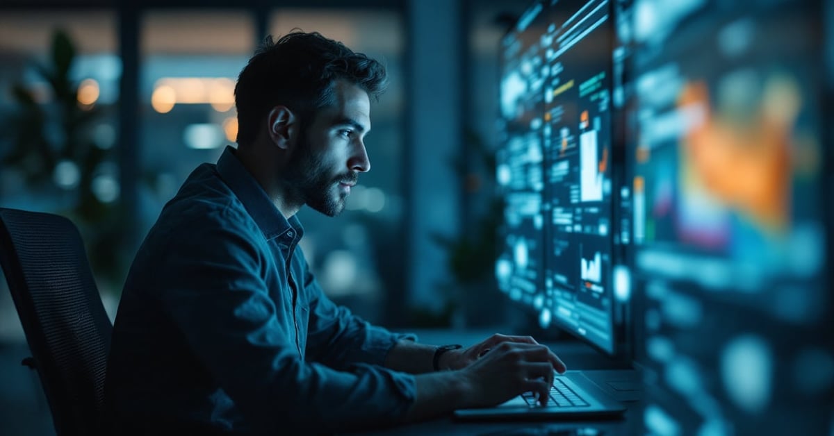 Professionnel en entreprise utilisant des outils numériques modernes illustrant la transformation digitale