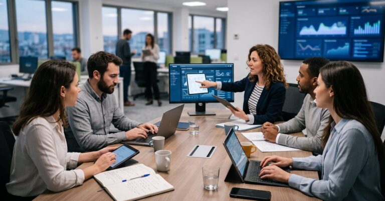 Transformation digitale des entreprises : dirigeant analysant des données numériques sur écran moderne