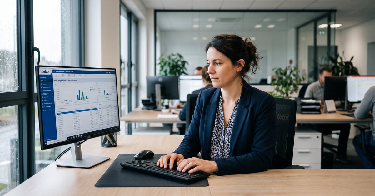 EBP logiciel de gestion affiché sur un écran d'ordinateur dans un bureau moderne
