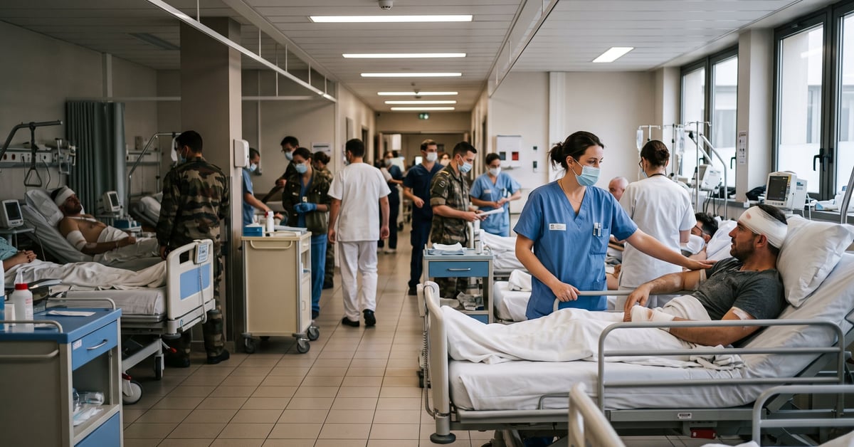 Hôpital français en activité durant la guerre, personnel médical en action, organisation des soins d'urgence